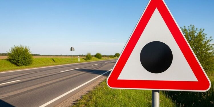 O que significa a placa de trânsito triangular branca com um ponto no centro e onde é encontrada